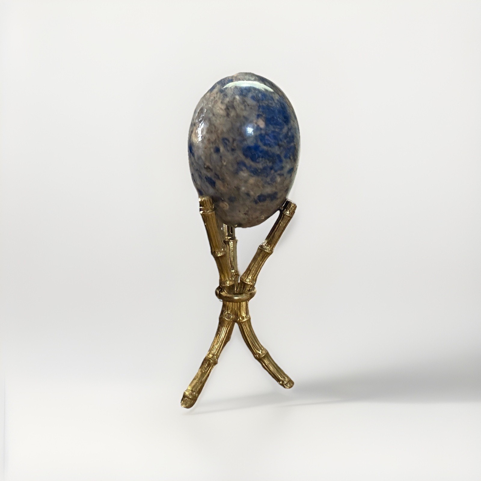 Lapis lazuli sphere Egg Shaped Stone With Gold Bamboo Stand 5.25”