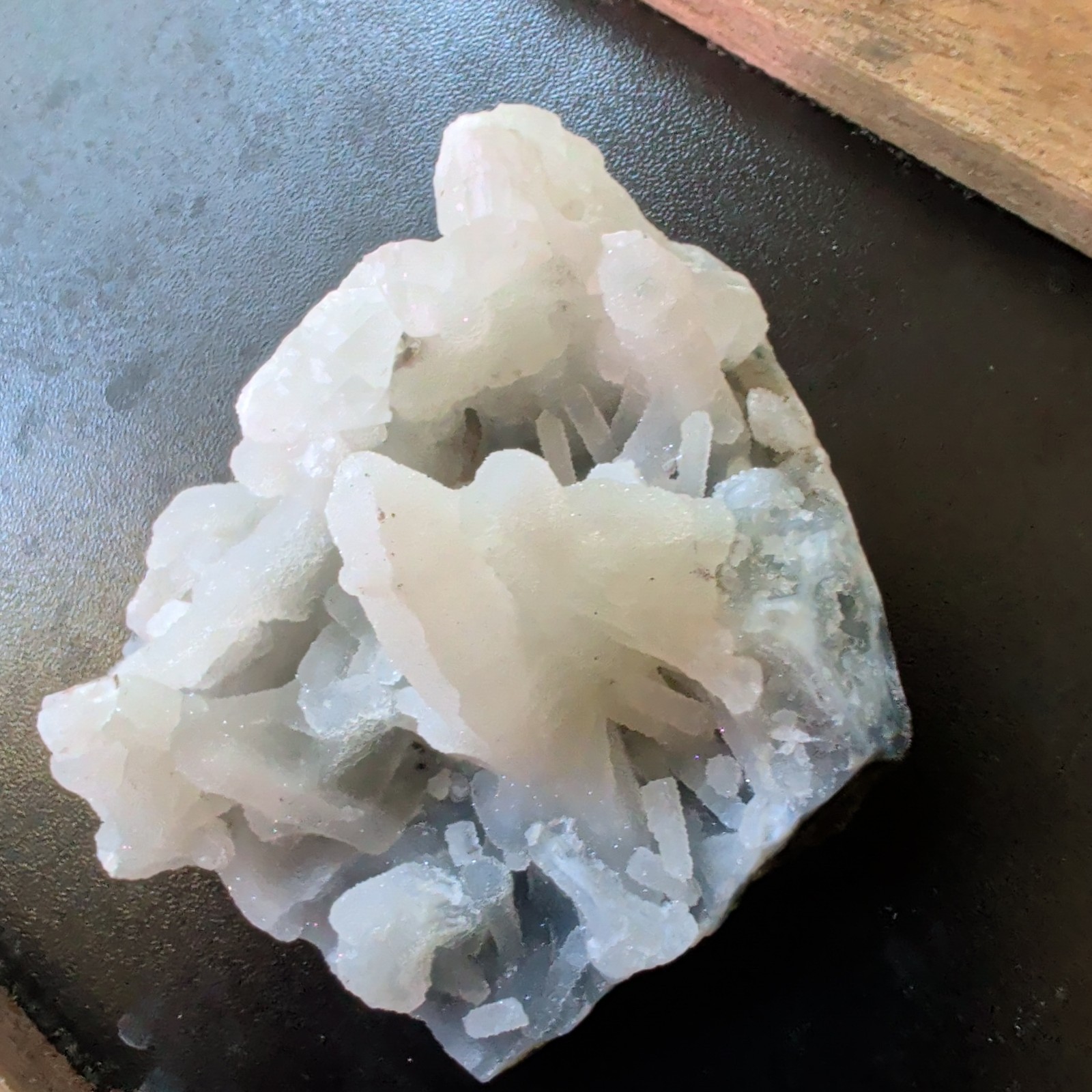 Apophyllite on Druzy Light Blue Chalcedony Crystal Cluster, Mineral Specimen