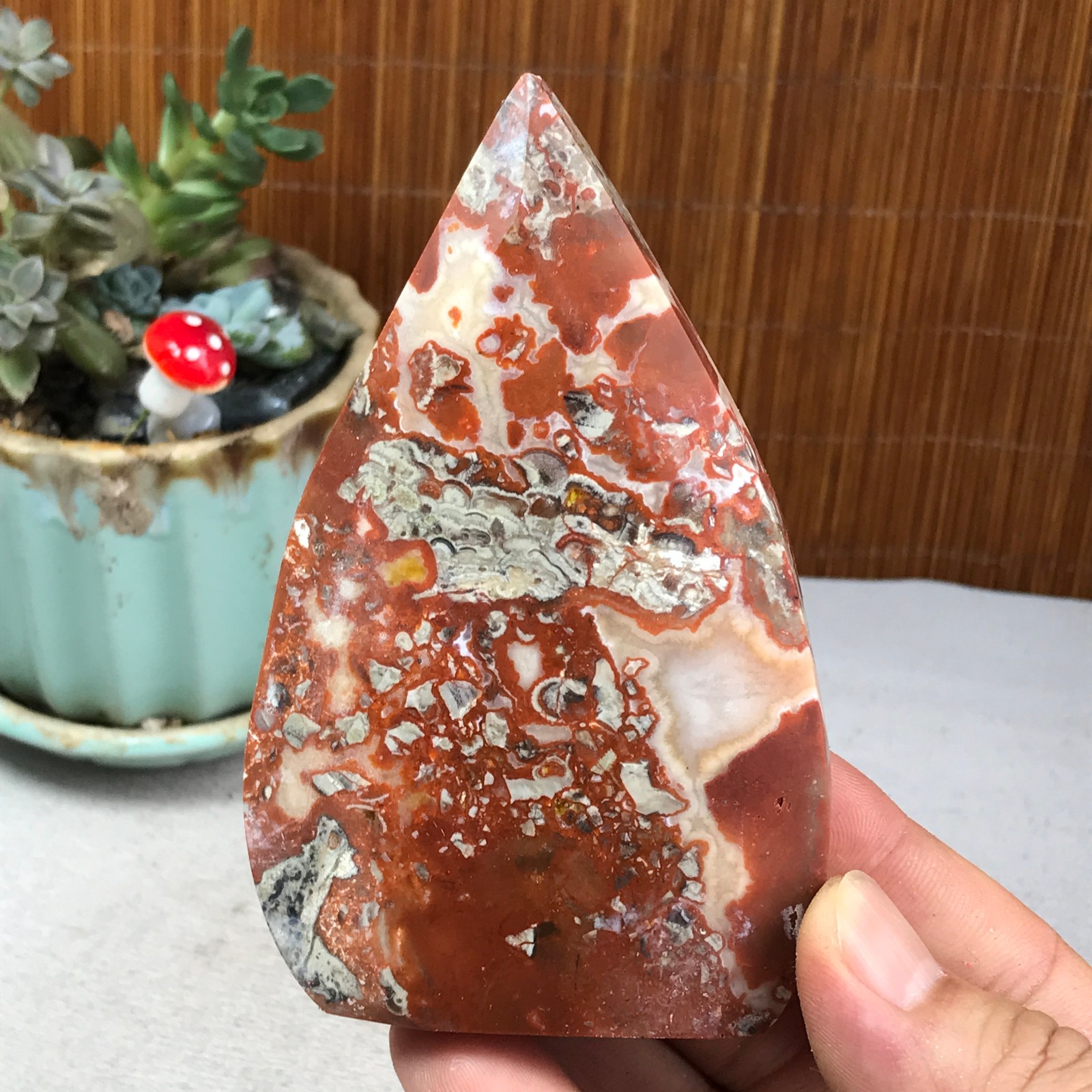 Natural money Mexico agate hand carve leaf Crystal Specimen free standing A6259