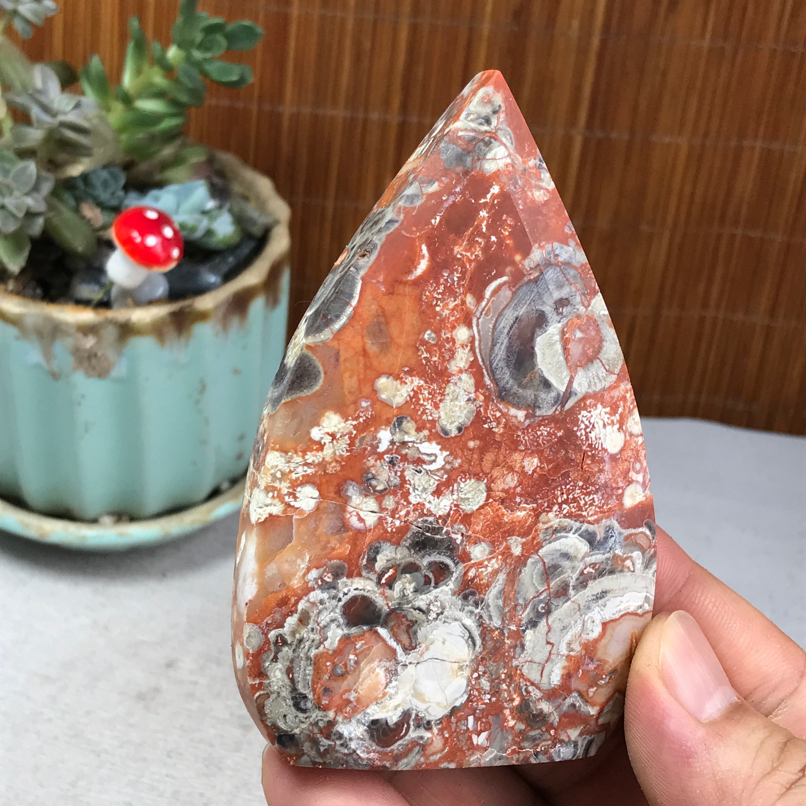 Natural money Mexico agate hand carve leaf Crystal Specimen free standing A6256