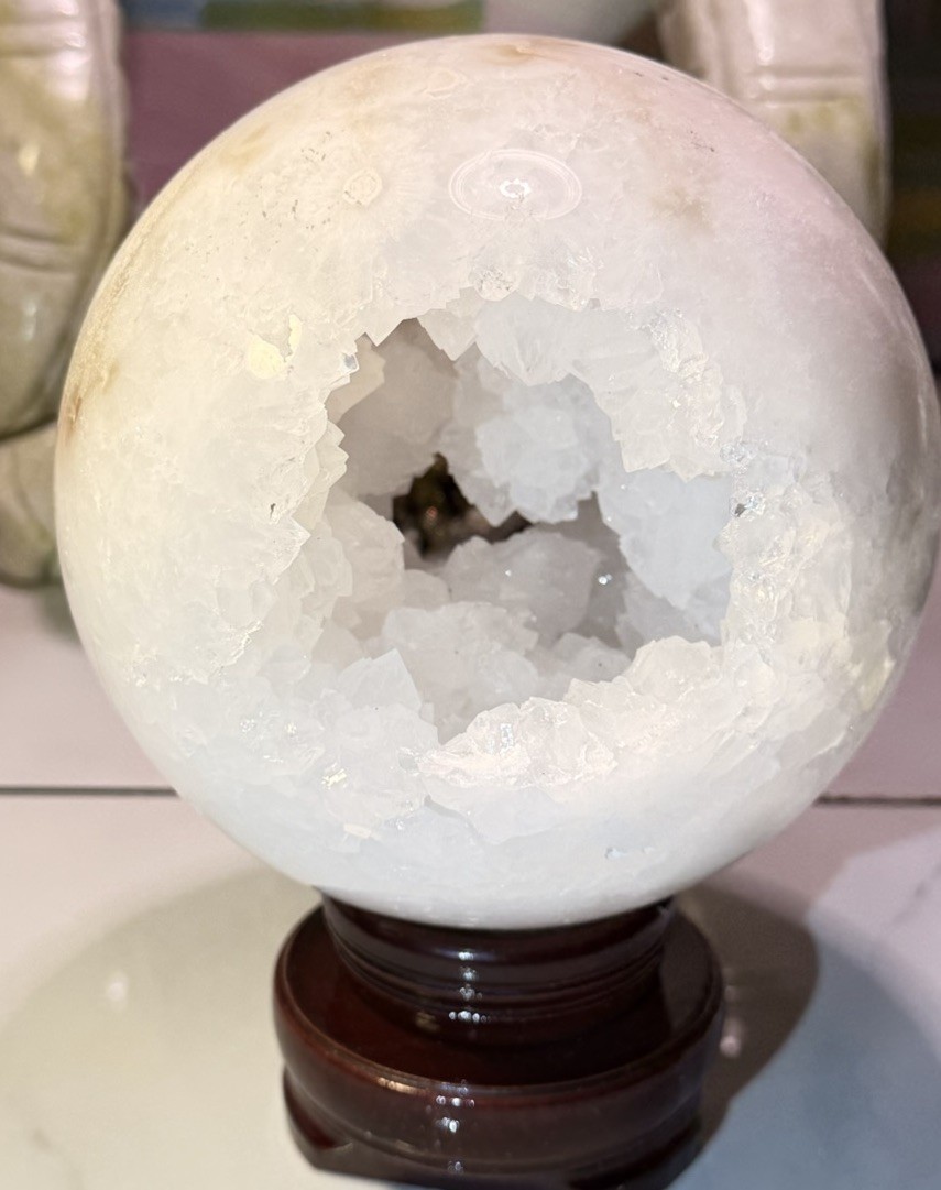 White Crystal Geode Sphere Mineral Display Specimen with Druzy Cavity on Stand