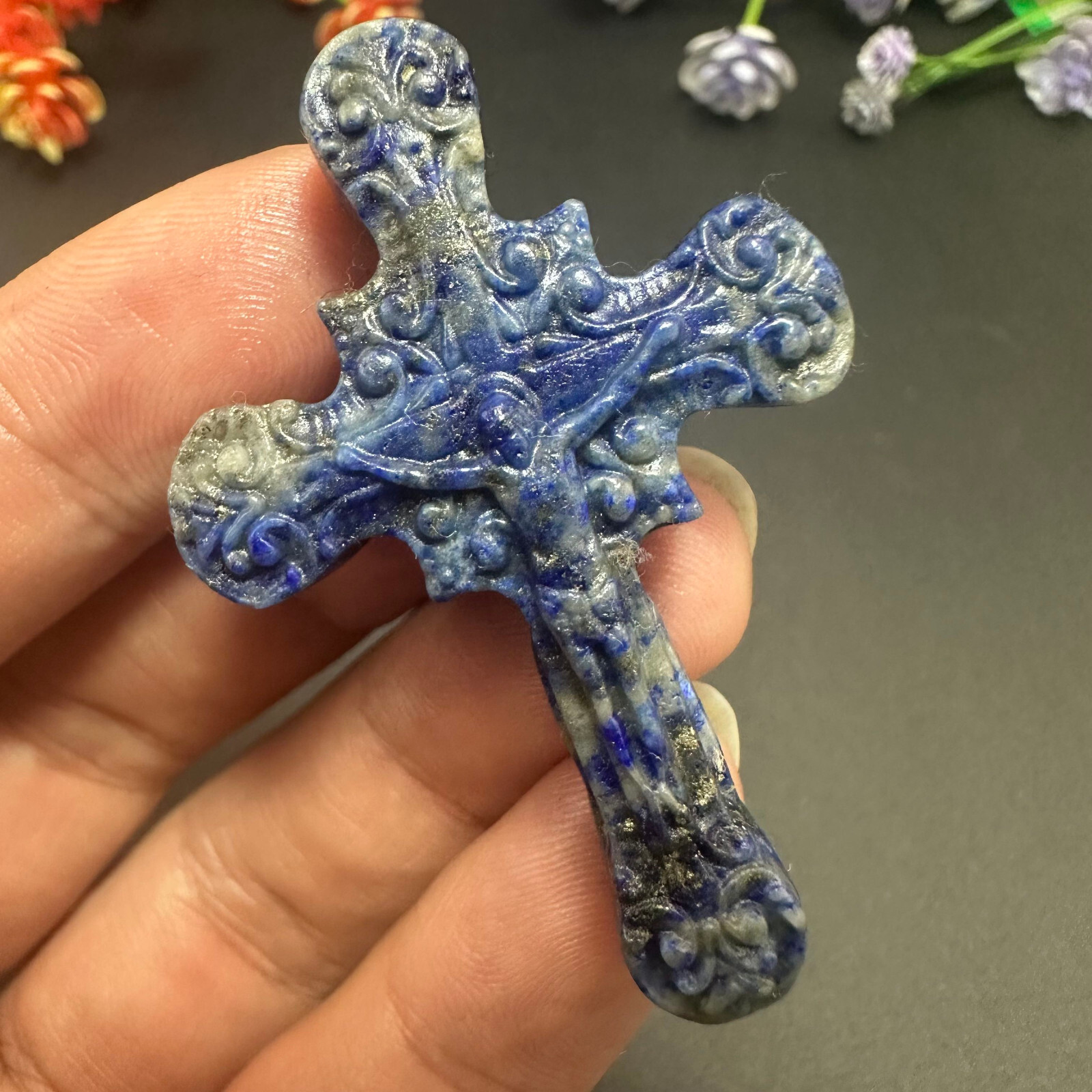 Natural lazurite Carved Christianity Cross Quartz Jesus Crystal Reiki Healing 1P