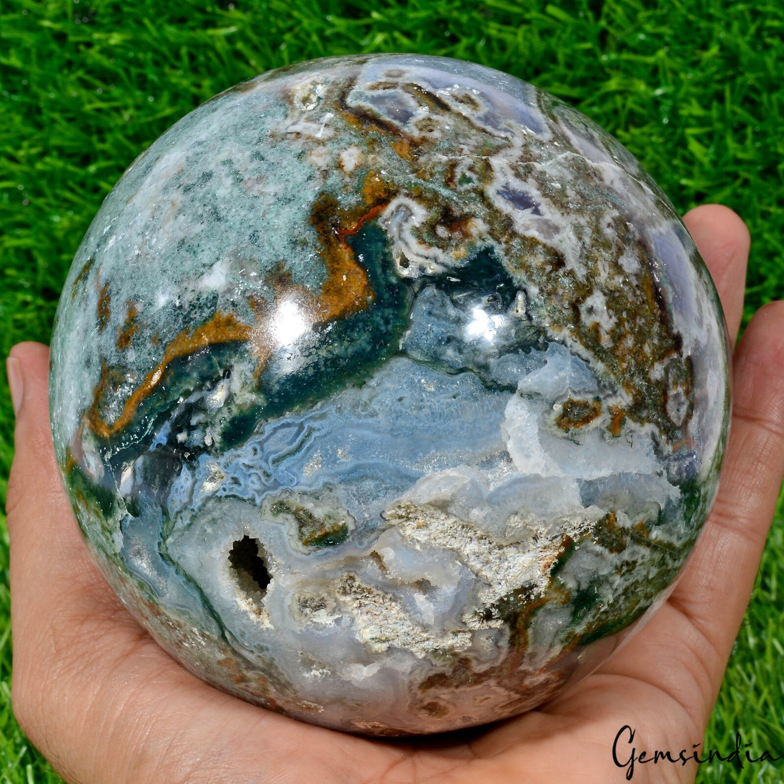 4.25 in Large Natural Moss Agate Geode Druzy Sphere Quartz Crystal Ball Healing