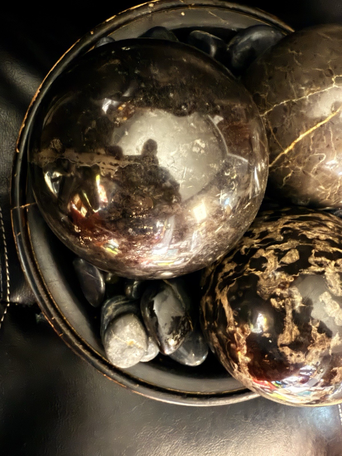 3pc Large 5″ Marble Sphere Balls With Black Rocks And 12” Wooden Bowl VERY NICE!