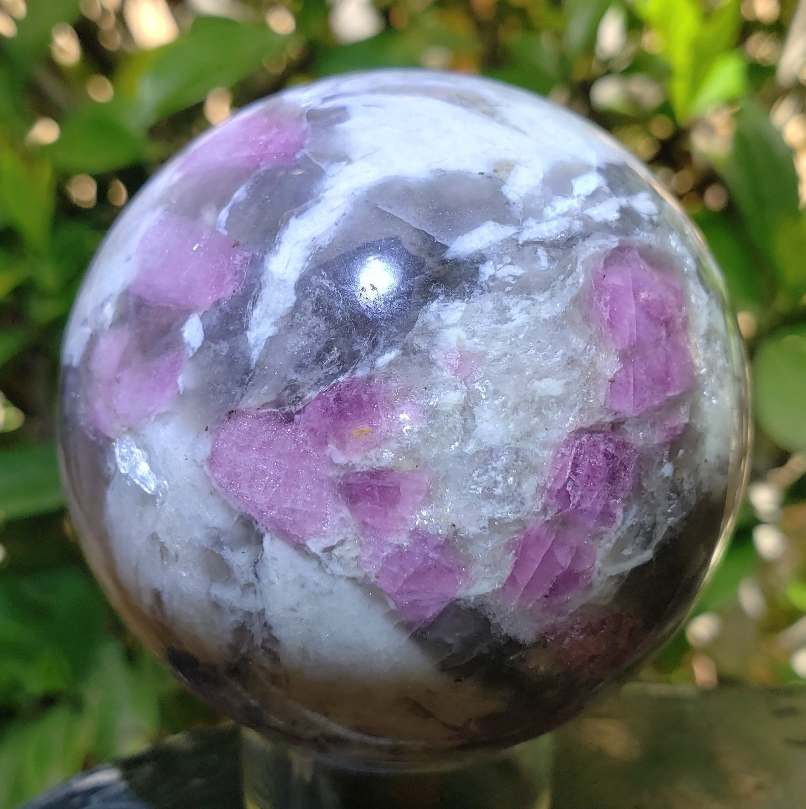 2.49″ Pink Tourmaline Smoky Quartz White Albite UV Crystal Sphere Orb Ball, 356g