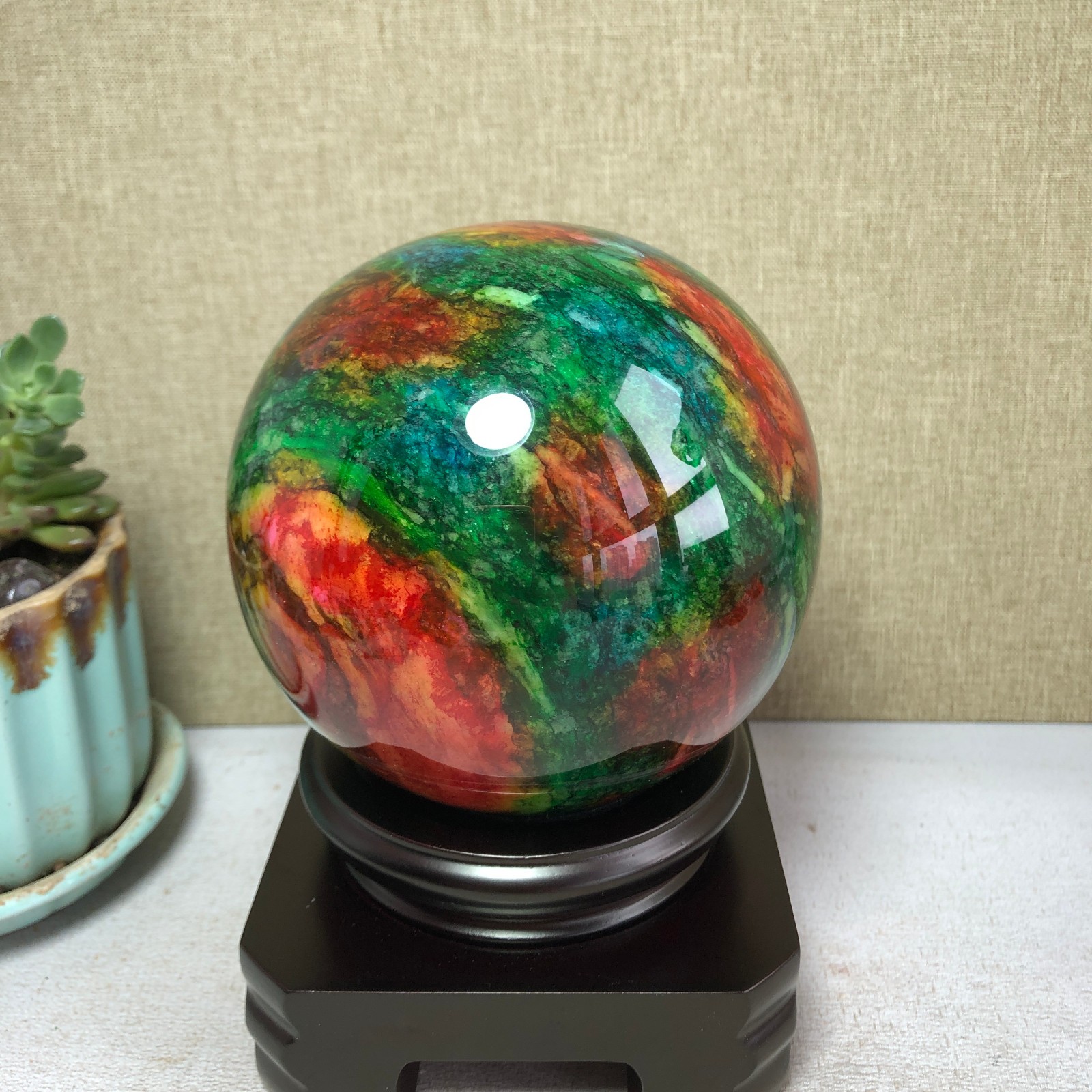 Natural “Seven Colors Jade” sphere flat bottom specimen Taiwan China 99mm A4579