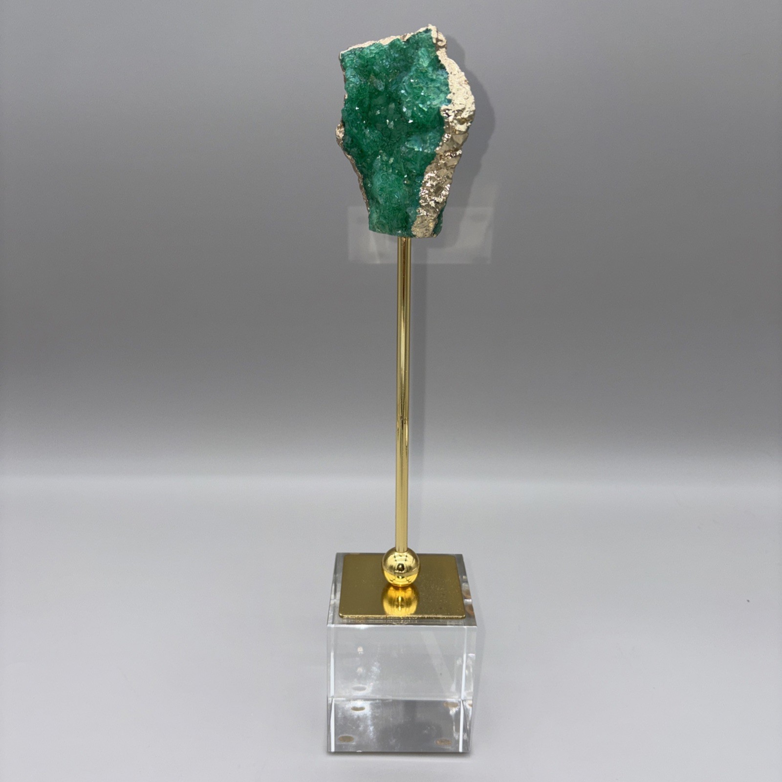 12.5″ Crystal Geode Sculpture Post Stand 12K Gold Plated Edge Acrylic Base Druzy