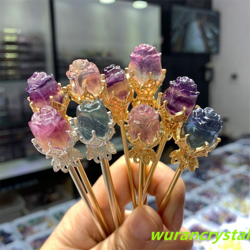 5pc Natural fluorite Rose flower skull carving quartz crystal Reiki healing