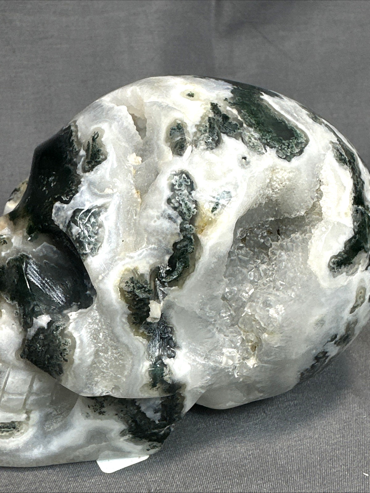 Green Moss Agate Geode Crystal Skull 4.5” Carving With Natural Druzy Pocket 1.15