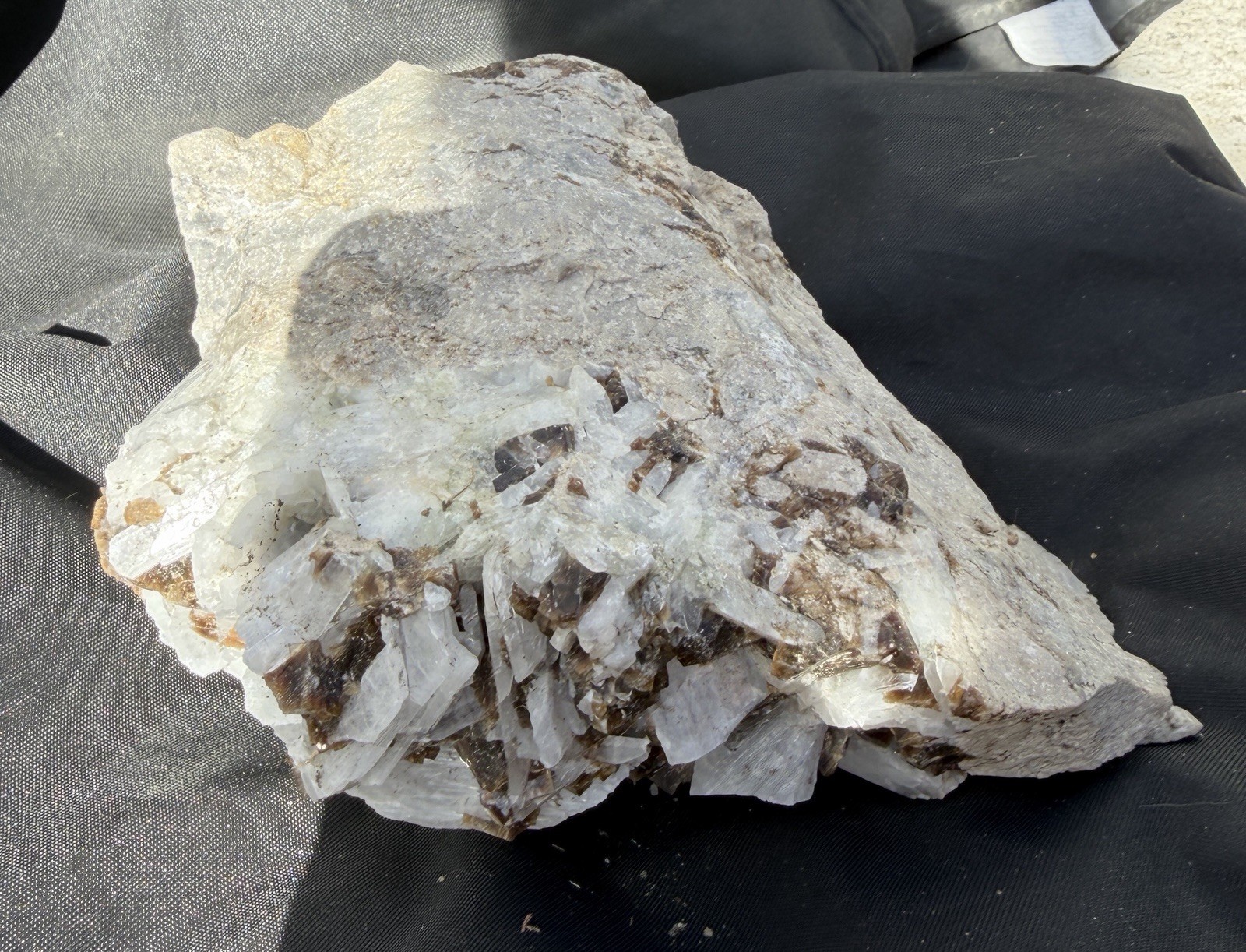 Mineral specimen containing brown fluorite and white celestite crystals.
