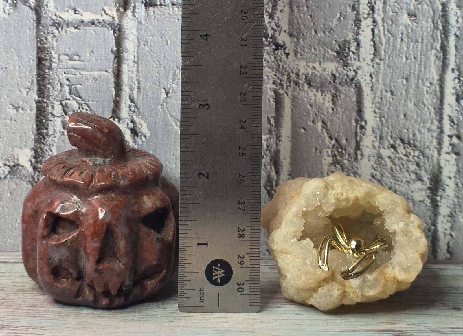 2-Piece Crystal Halloween Set Carved Red Jasper Jack-O’-Lantern & Geode Spider