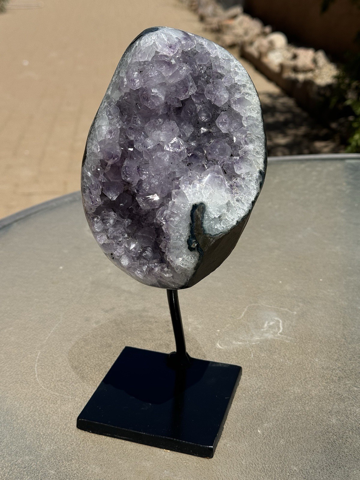 Purple Lilac & White Quartz Amethyst Geode Piece on Stand, 11″ Tall