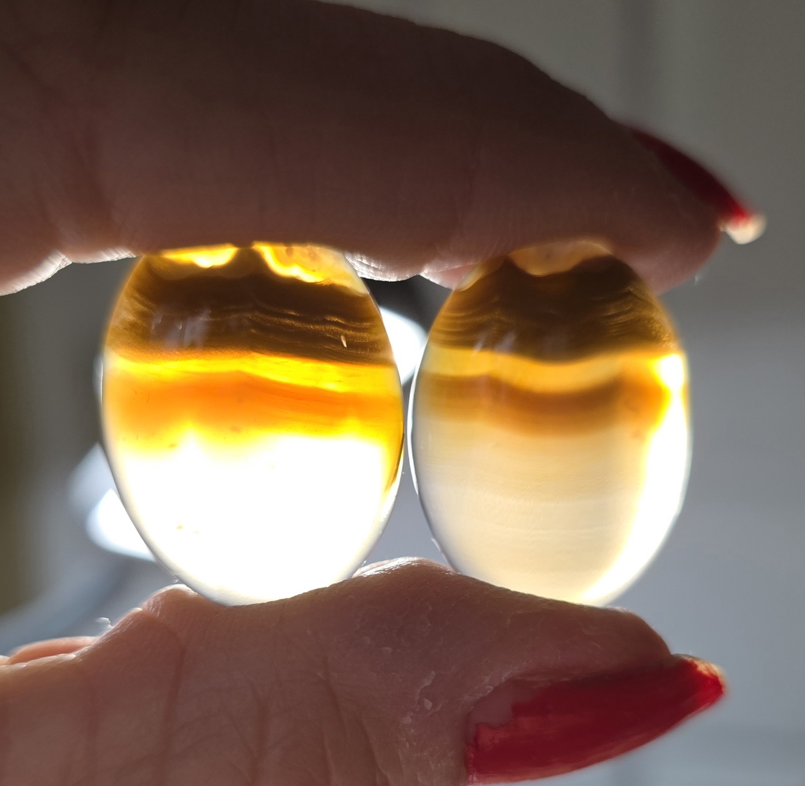 2 Kentucky Agate Translucent, Brown, Yellow banded Oval Cabochons #C-22