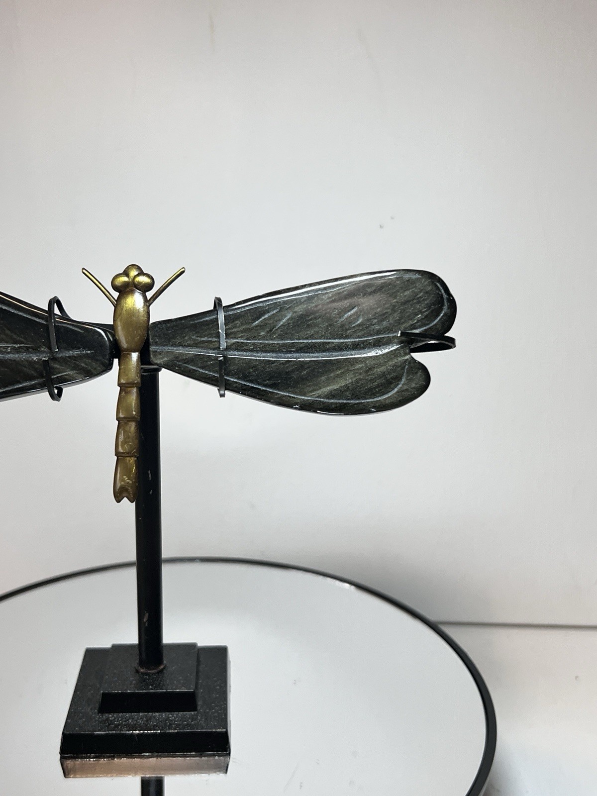 Golden Sheen Obsidian Dragon Fly Carving W/Holder – Measurements In Photos