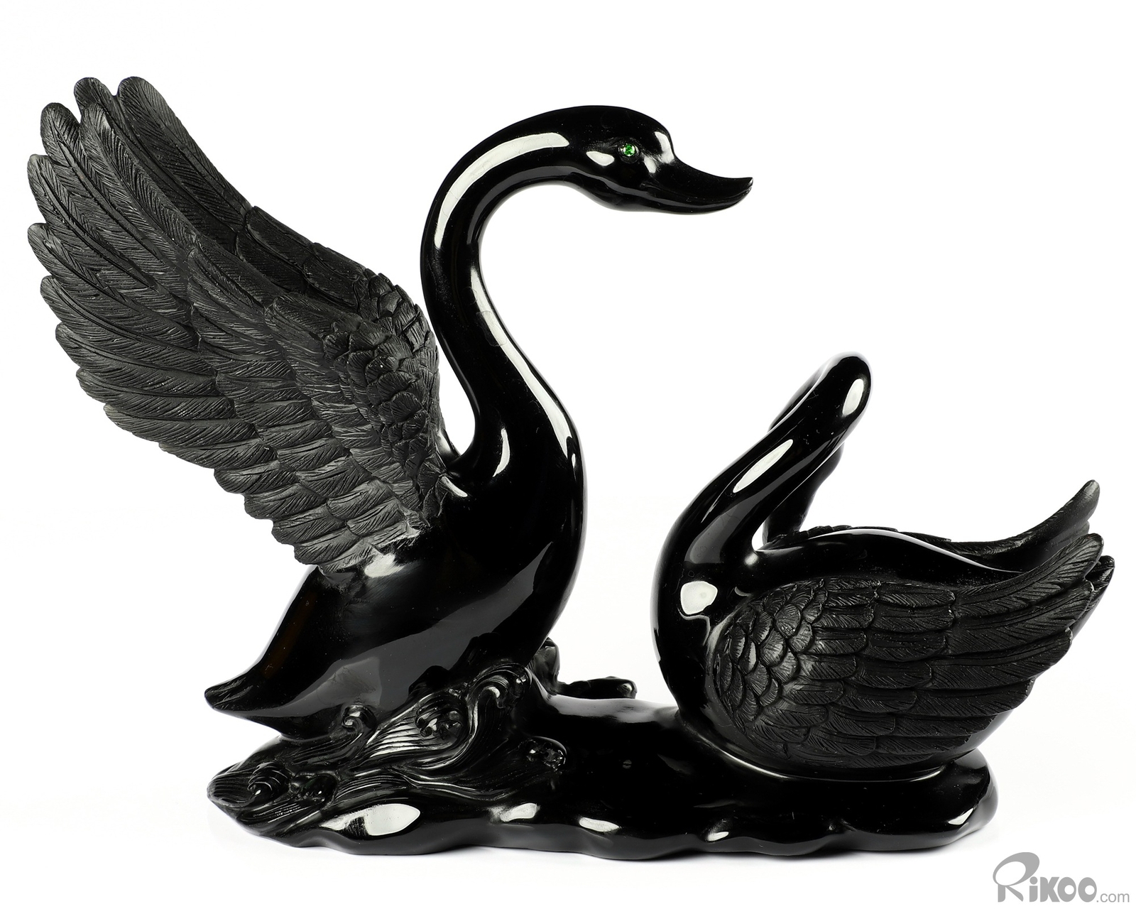 BEAUTIFUL 8.1″ Black Obsidian Carved swan Swans Sculpture Green Garnet Eyes