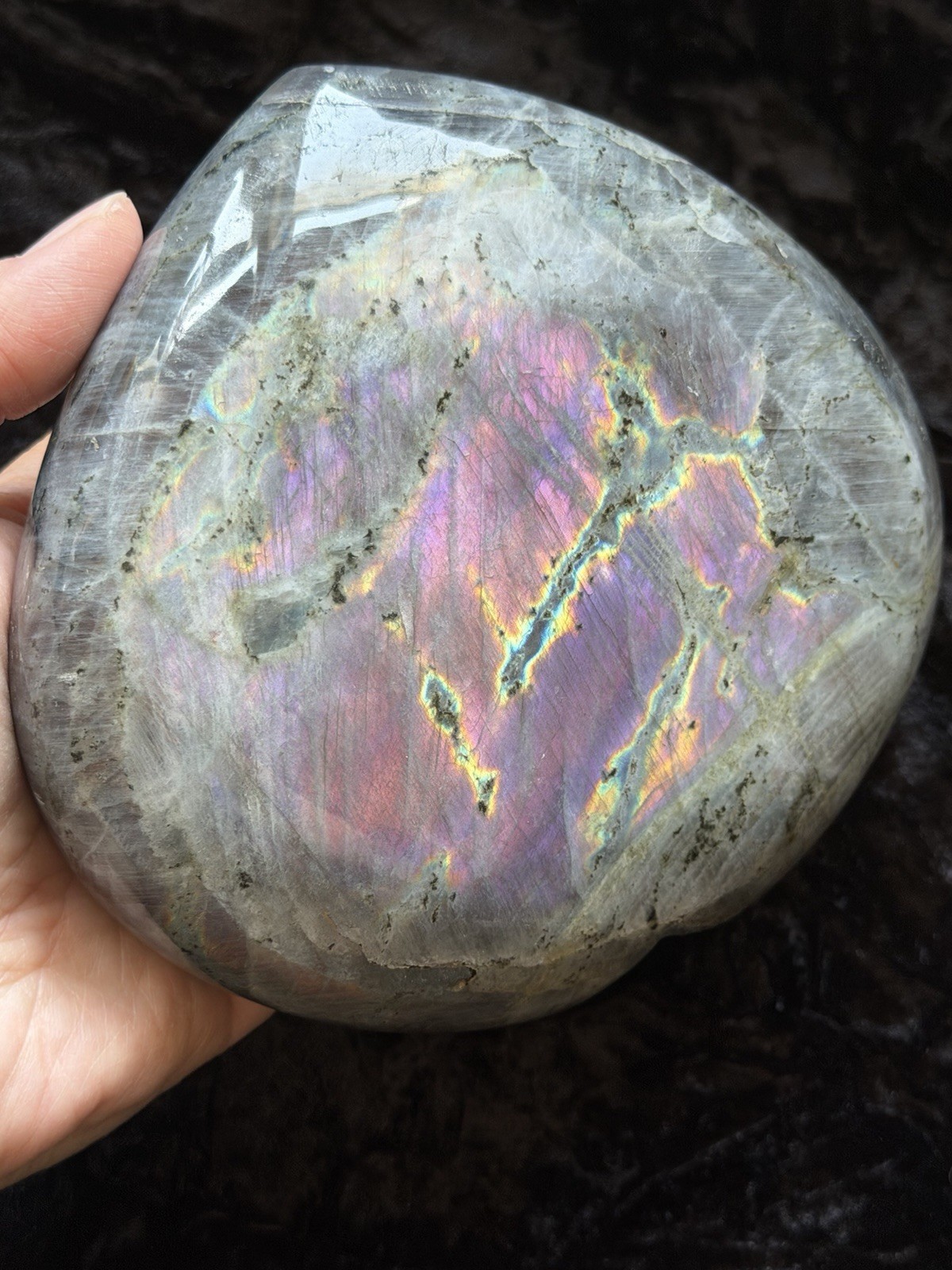 5.15” Large Purple Pink Orange Flash Labradorite Crystal Heart 1100 Grams