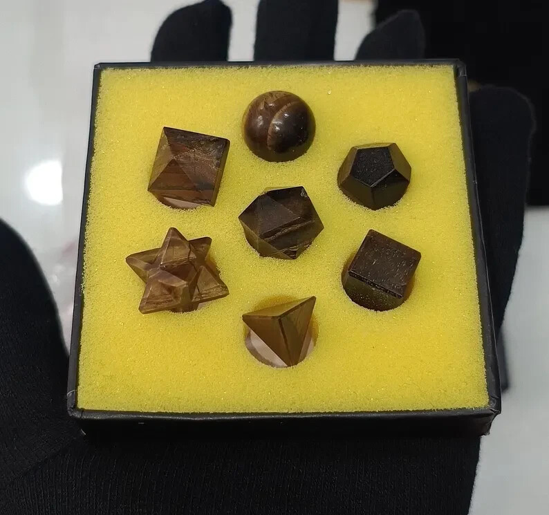 High-Quality Tiger Eye Platonic Solids Geometry Set 7 Pieces with Premium Box.