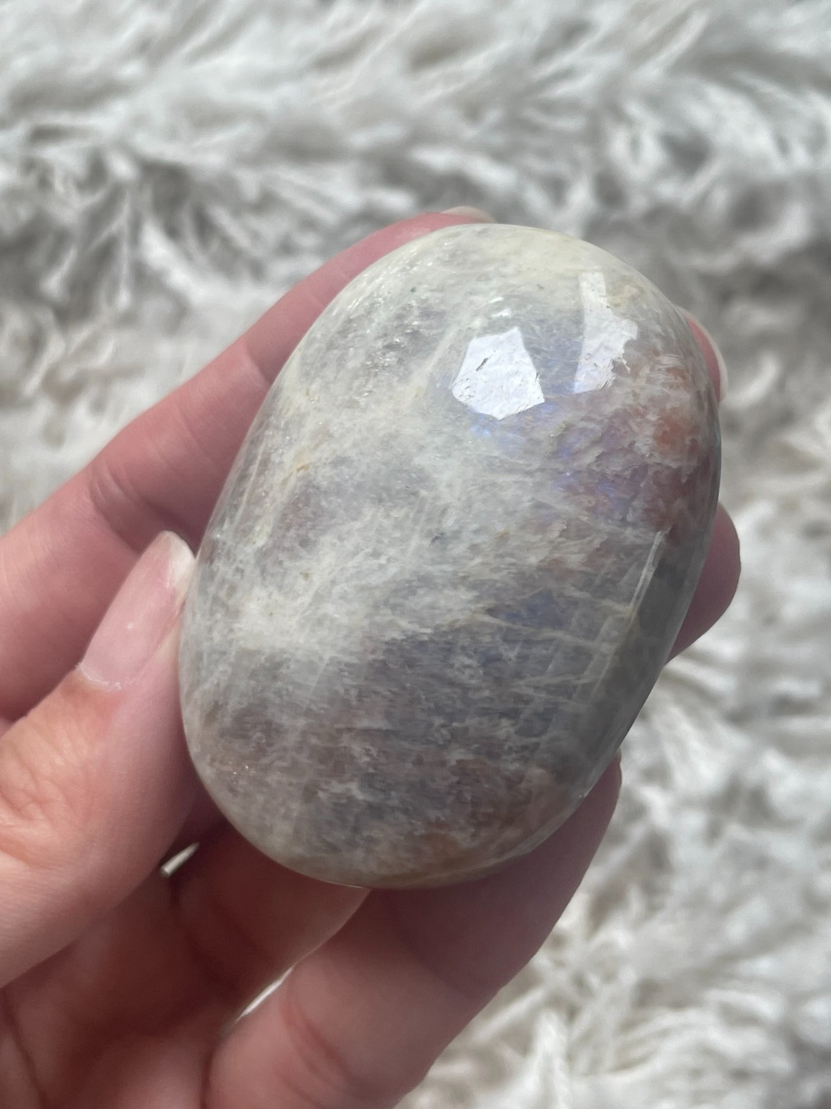Rainbow Moonstone with Sunstone Palmstone, Medium – Blue & Silver Flashes (MZ)