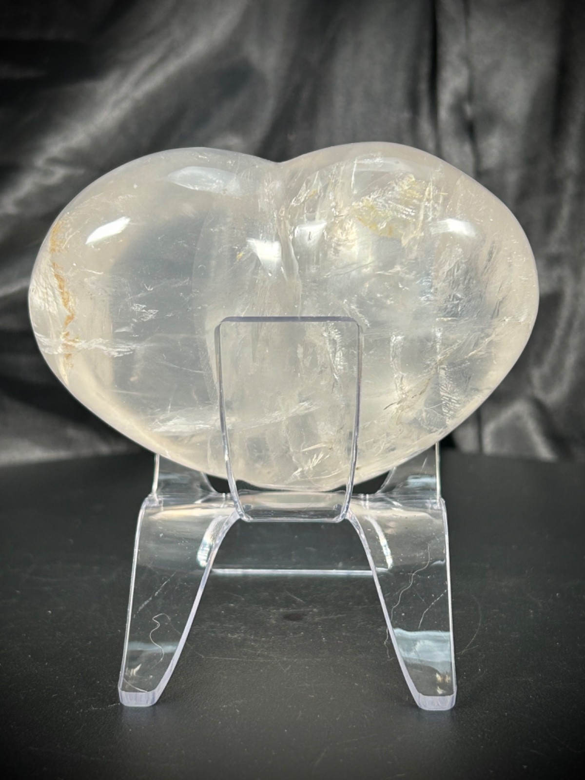 3.64” STUNNING Clear Quartz Heart With Acrylic Stand – 1 pound (456 grams)