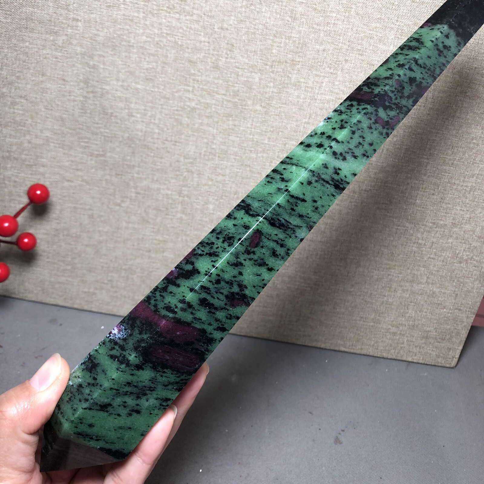 295mm Long Natural red green epidote wand Obelisk Crystal specimens 716g A4537