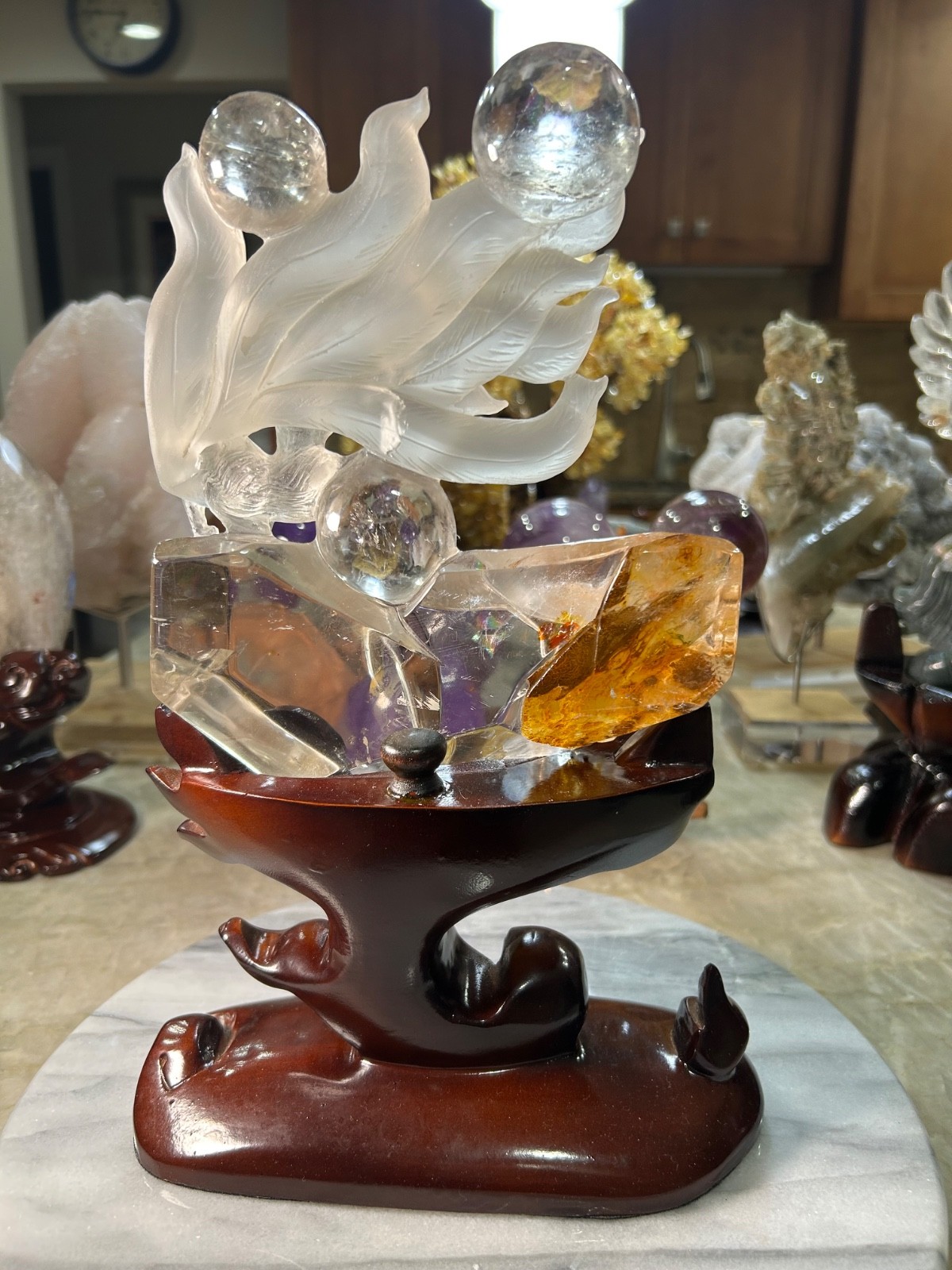 Clear Quartz healer nine 9 tail FOX carving on custom wood stand large