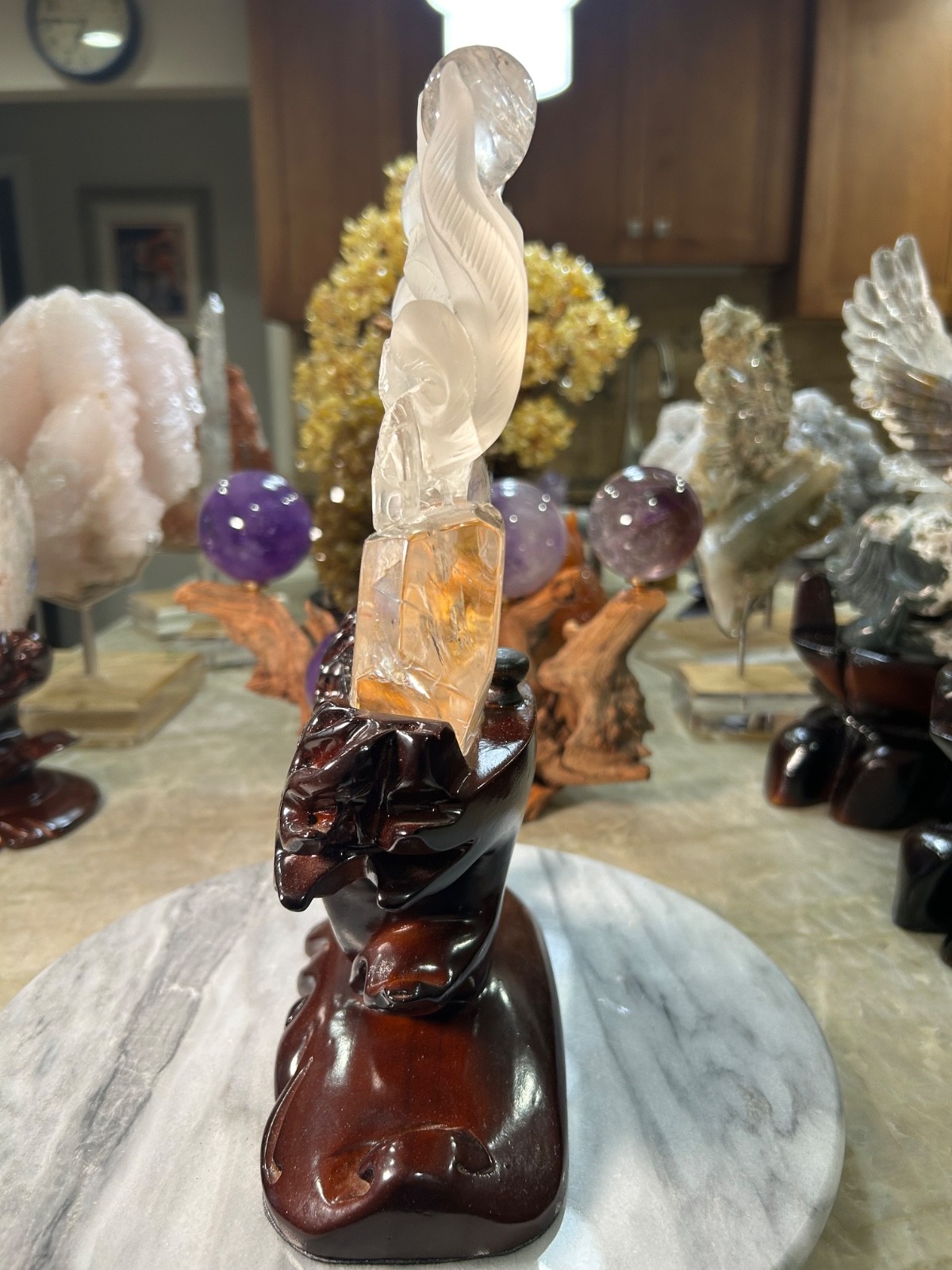 Clear Quartz healer nine 9 tail FOX carving on custom wood stand large