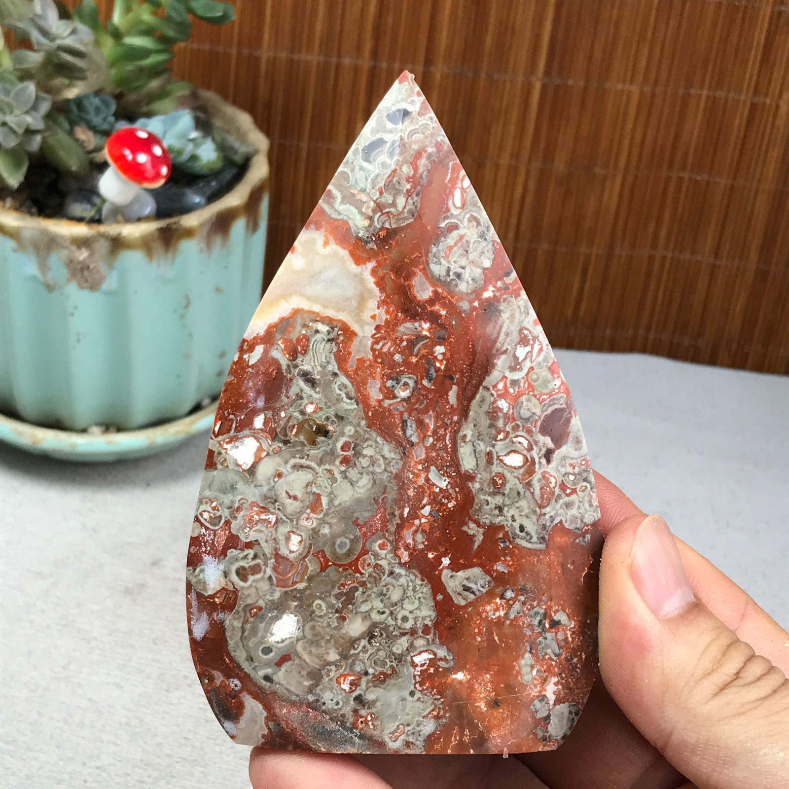 Natural money Mexico agate hand carve leaf Crystal Specimen free standing A6259
