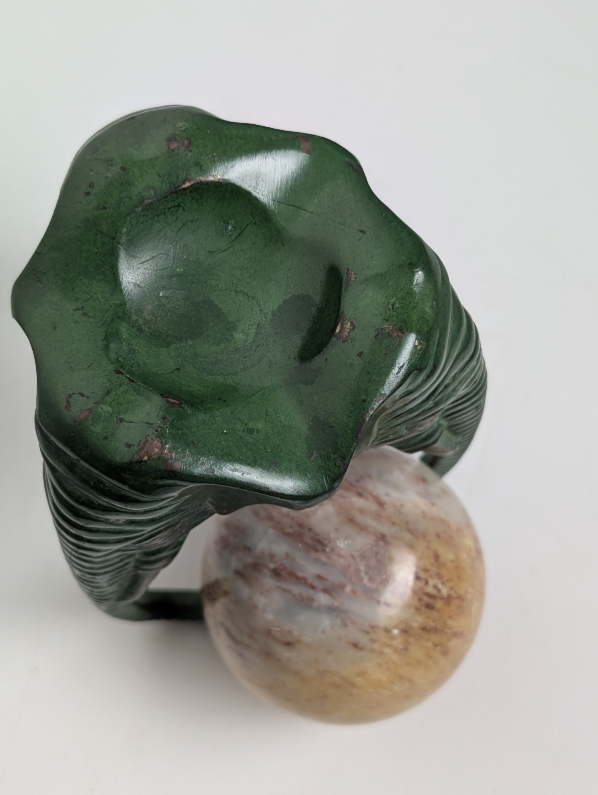 Elephant Head Sphere Stand w Marble Onyx Ball Verdigris Green 8″