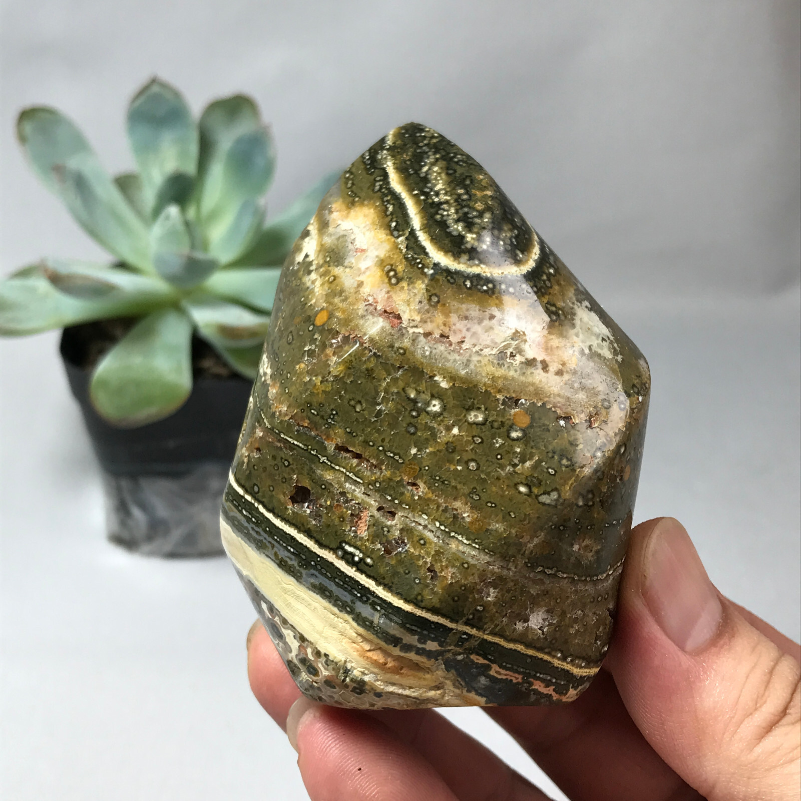 Natural Ocean Jasper torch Hand carve polish Crystal free standing 262g g6634