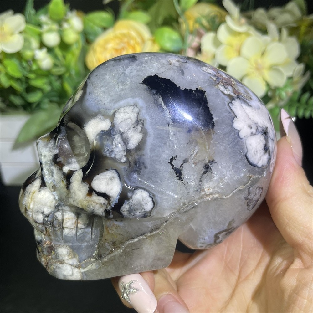 1.6LB 3.5″ Black Flower Agate Skull Carved Crystal Quartz Decor Reiki Gift