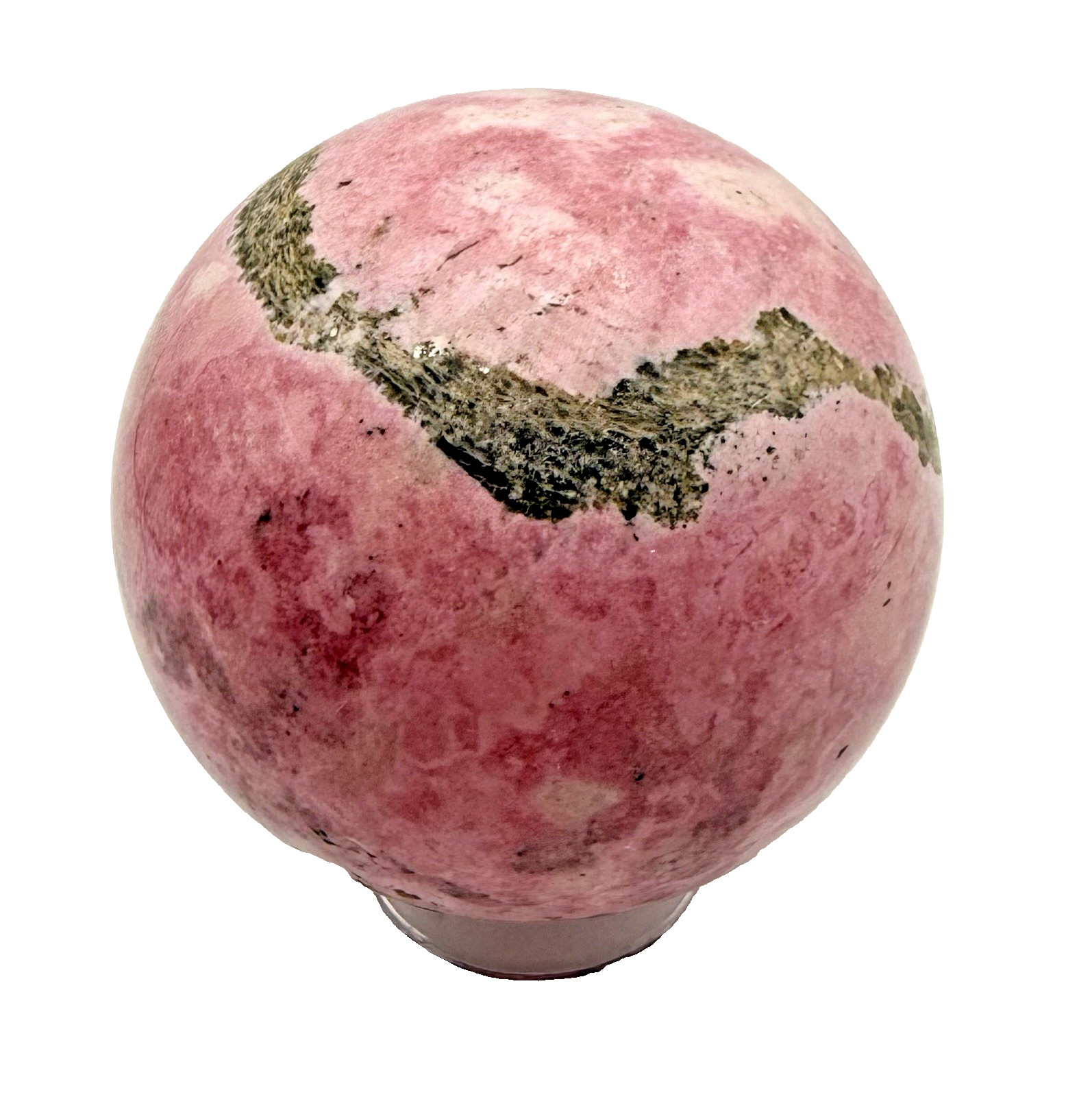 65mm Pink Peru Rhodochrosite Crystal Sphere 500g With Holder