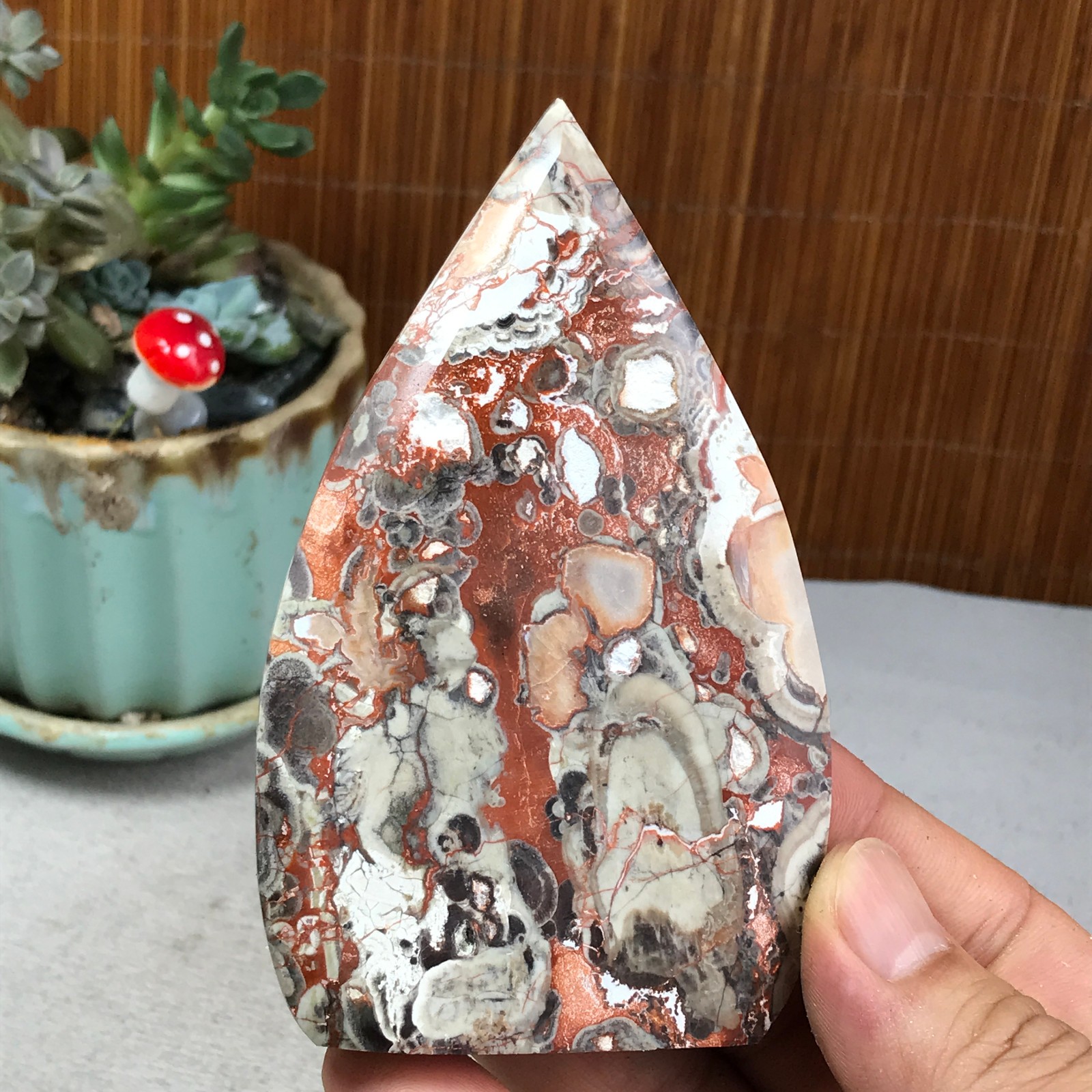 Natural money Mexico agate hand carve leaf Crystal Specimen free standing A6260