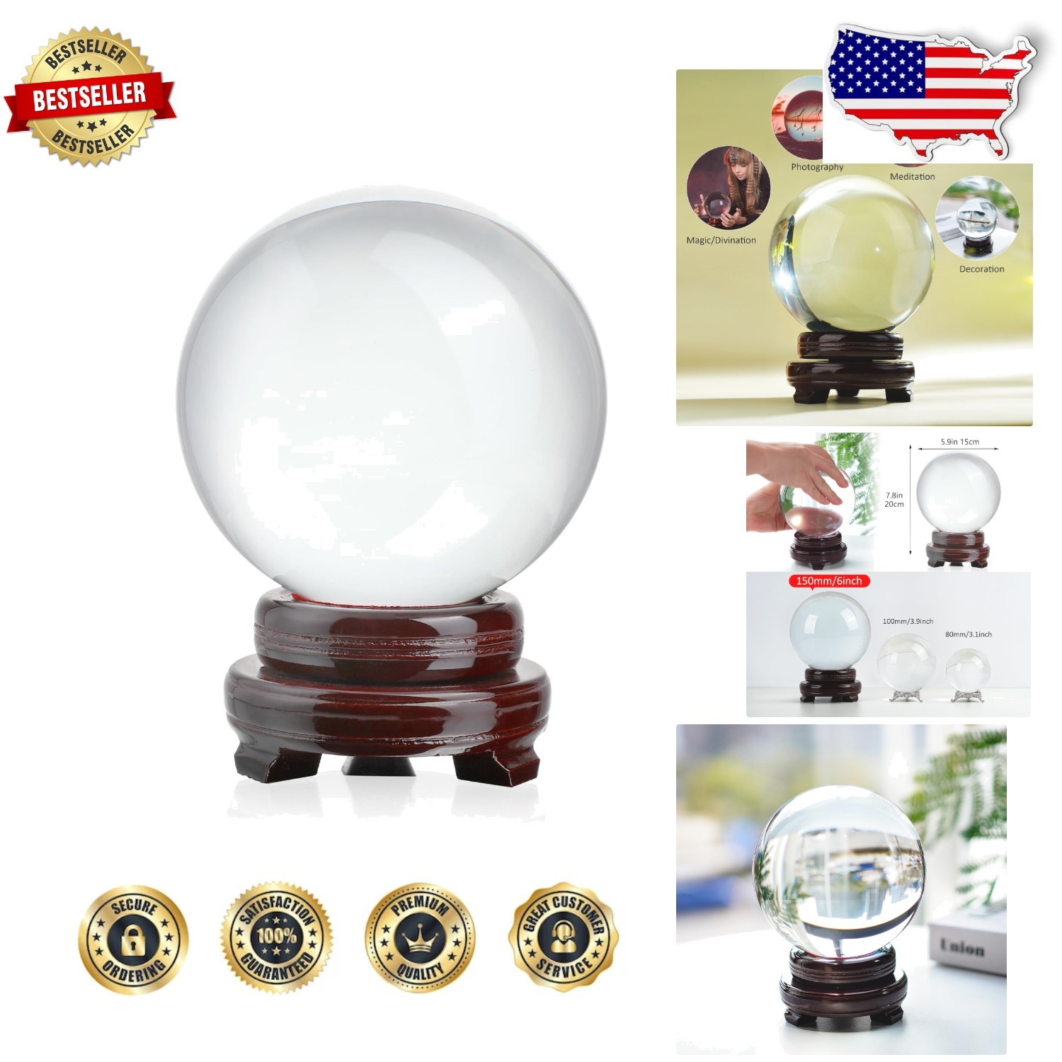 6″ Clear Crystal Ball w/ Polished Wooden Stand – Fortune Telling