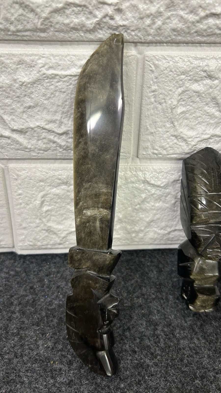 Golden Sheen Obsidian Mayan Aztec Figure 2 Knives Carved Quartz Crystal Mexico