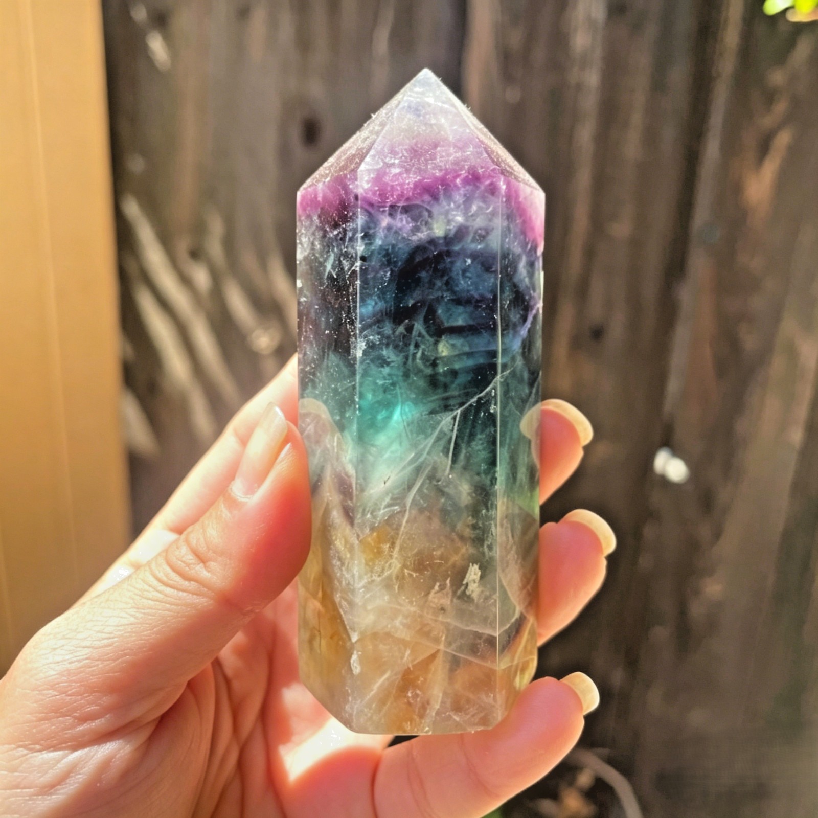 Natural Rainbow Fluorite Crystal Point Tower Hexagonal Obelisk Home Decor Chakra