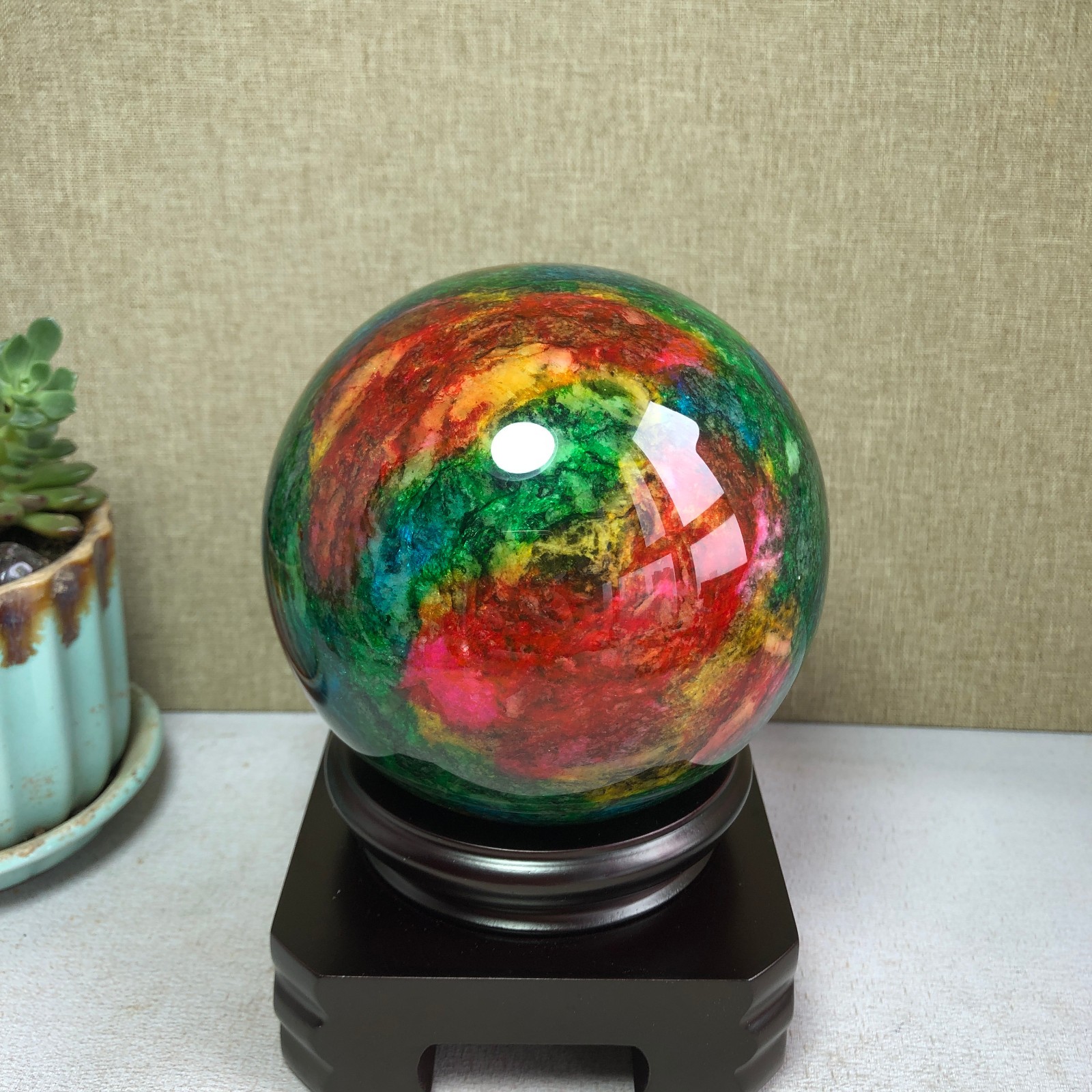 Natural “Seven Colors Jade” sphere flat bottom specimen Taiwan China 99mm A4582