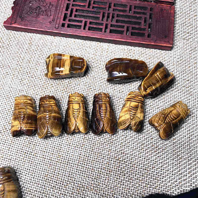 Natural Tiger’s Eye Stone Hand Carved Cicada Quartz Crystal Pendant Gift Healing