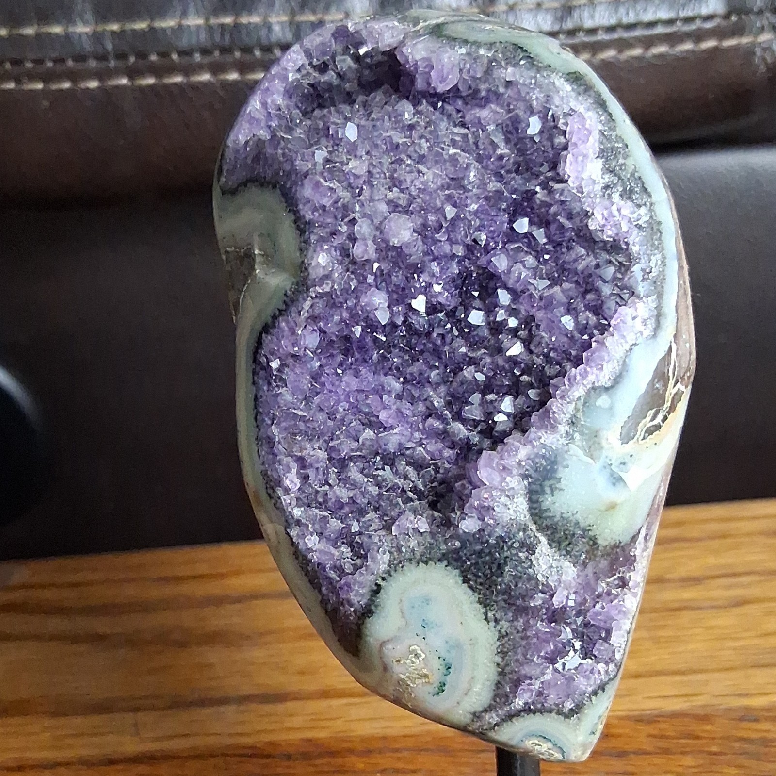 rare amethyst geode with stalactite flower eyes of jasper and agate Uruguay.