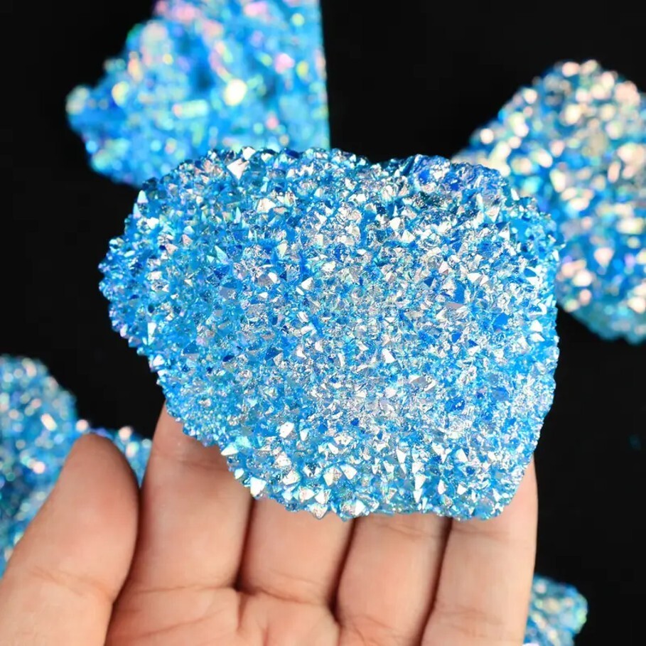 2025Rare Titanium Aura Blue Crystal Quartz Healing Cluster Geode Rock Decor Gift