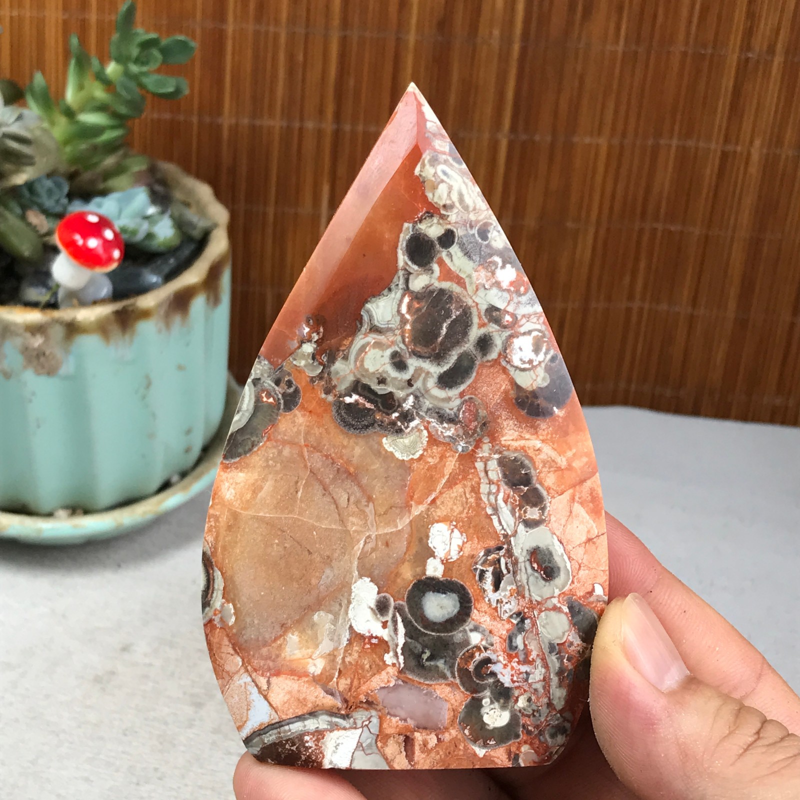 Natural money Mexico agate hand carve leaf Crystal Specimen free standing A6261