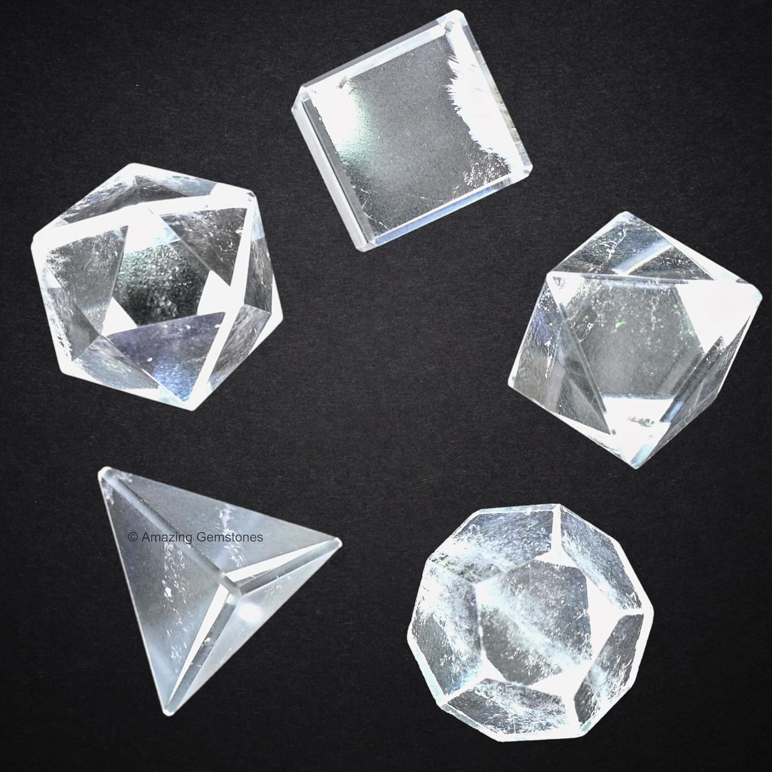Platonic Solids Crystals – Set of 5 Sacred Geometry and SET of 5 Clear Quartz