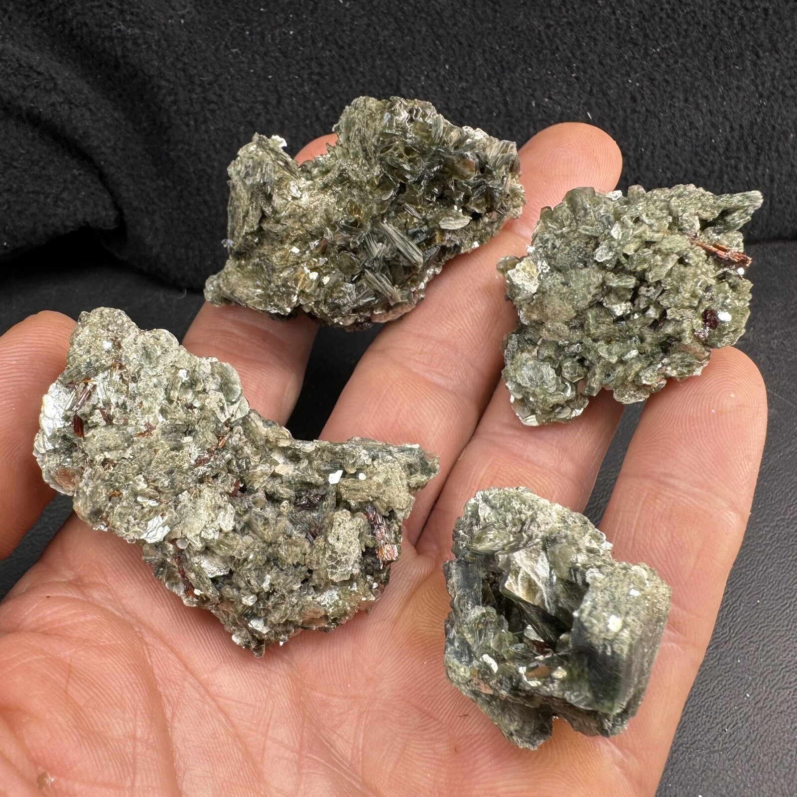 Lot of 4 Green Crystalized Mica Crystal Clusters with Rare Red Rutile Crystals