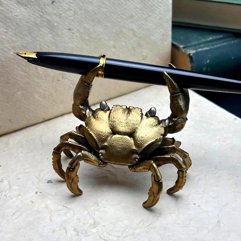 Brass Crab Sculpture Statue Desktop Pen Glass Cutlery Holder Reiki Home Decor