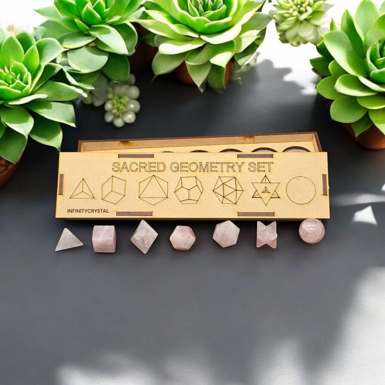 7 Pcs Pink Rose Quartz Sacred Geometry Set 7 Pcs,Grid Board Wooden Box Gifts.