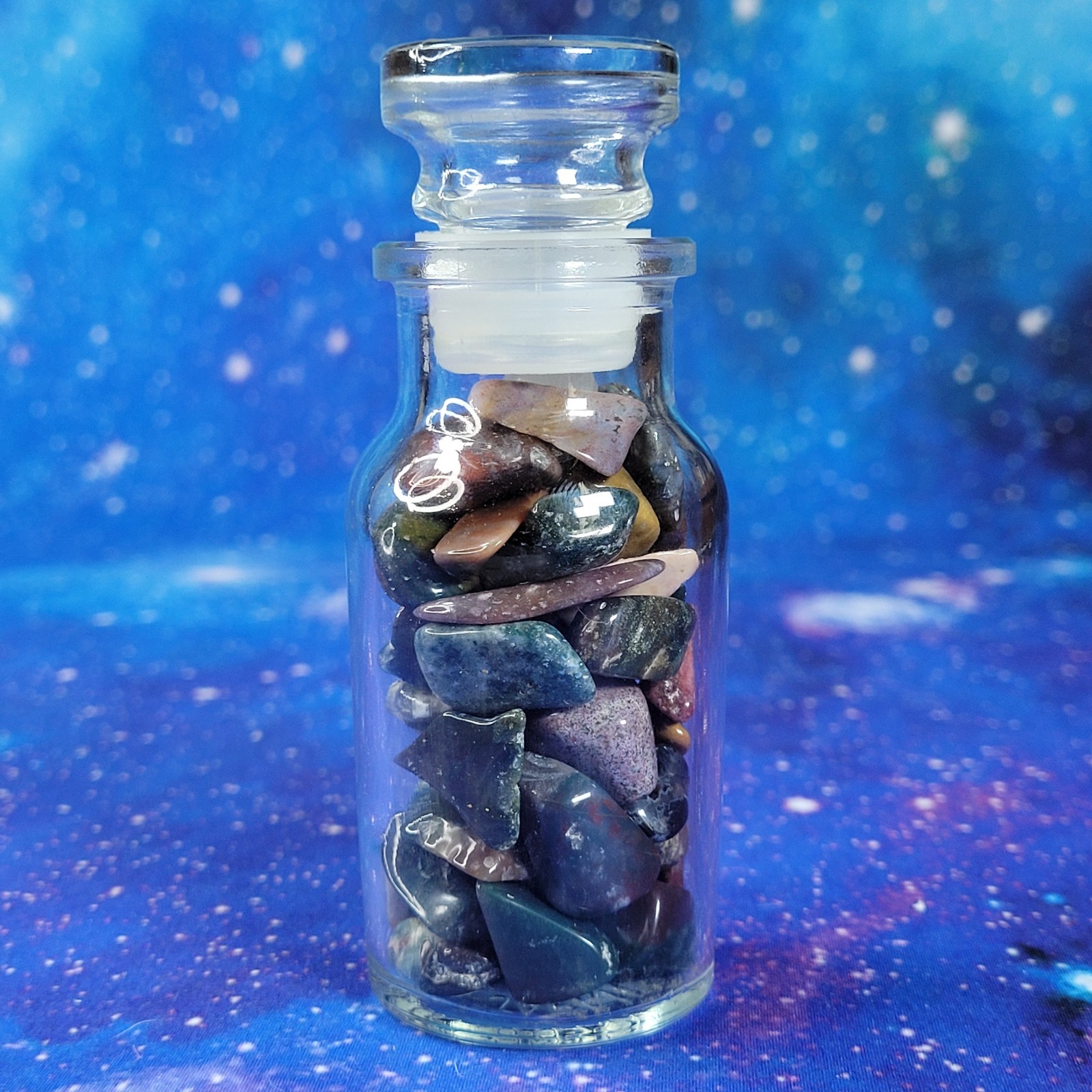 Ocean Jasper Natural Stone Tumbles in Vintage 4 oz Apothecary Glass Jar *Video*