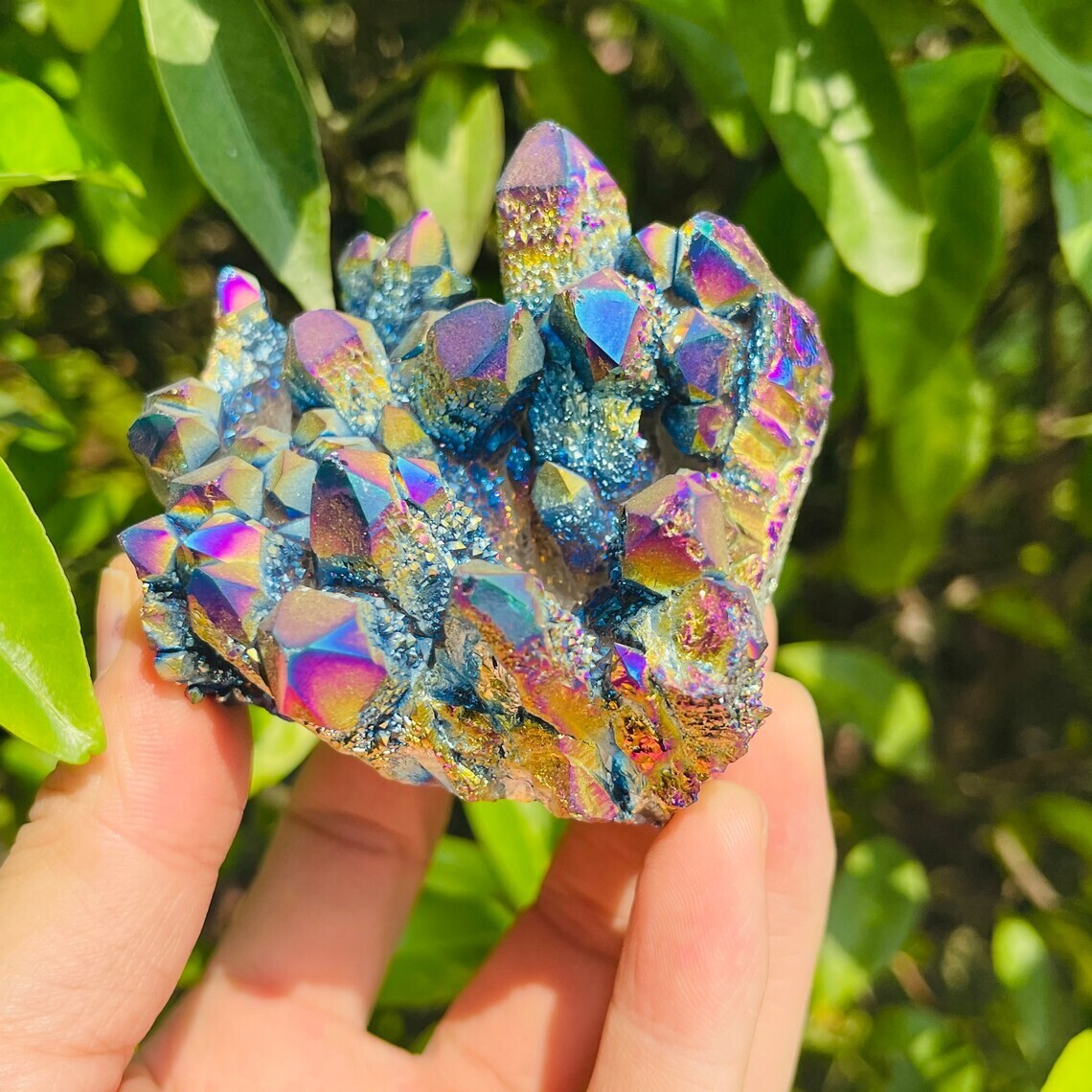 Titanium Rainbow Aura Crystal Quartz Cluster Specimen Reiki Energy Home Decor