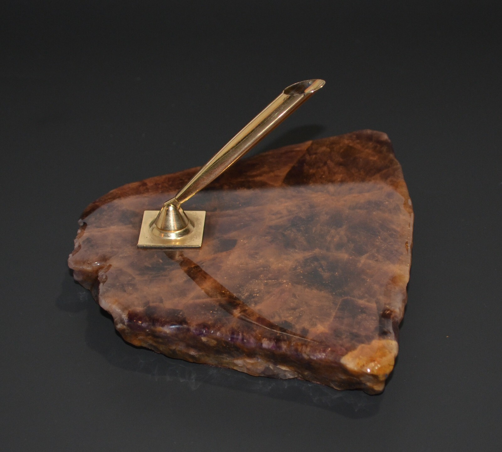Beautiful Mid Century Modern Amethyst Brass Pen Holder 48oz Lacquered Stone