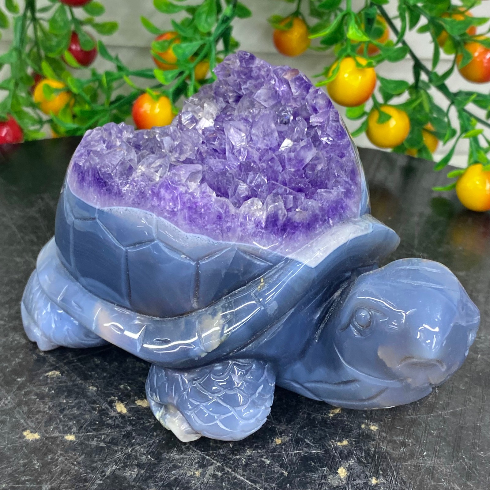 2.51LB Natural amethyst agate turtle Crystal turtle carving healing Home decora
