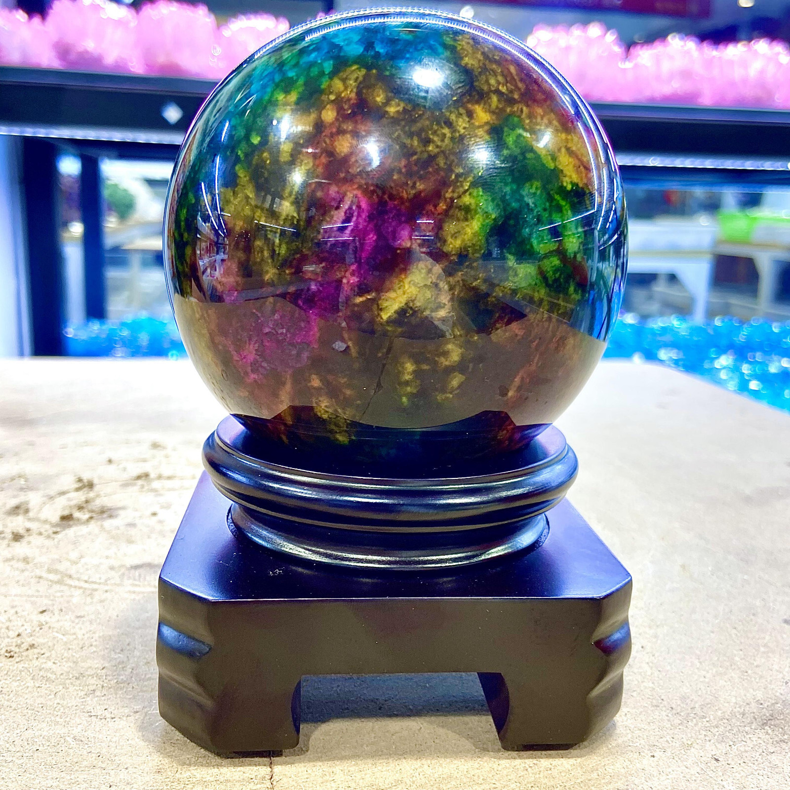 3.35LB Natural “Seven Colors Jade” sphere quartz polished ball decor gift+stand