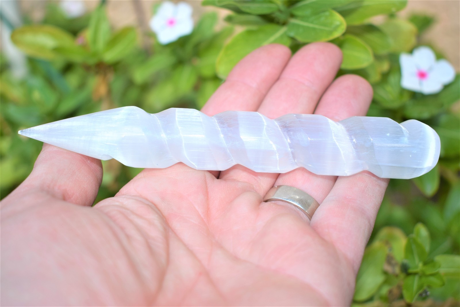 6″ Spiral Faceted Selenite Crystal Massage Wand + Baby Moroccan Selenite Heart
